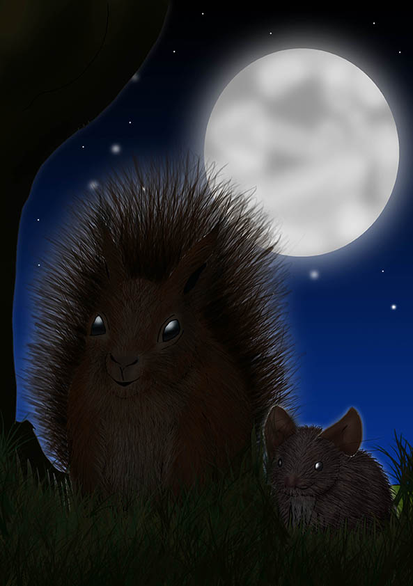 Squirrel Eefje and mouse Mees in the moonshine.